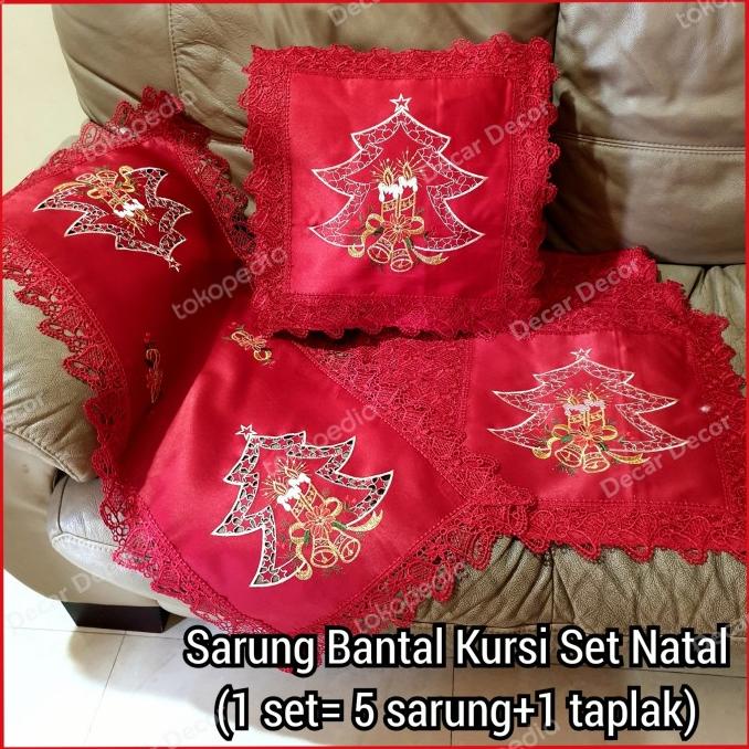 hanya disini] Sarung Bantal Kursi Set Natal Taplak Meja Tamu Bulat Dekorasi Natal