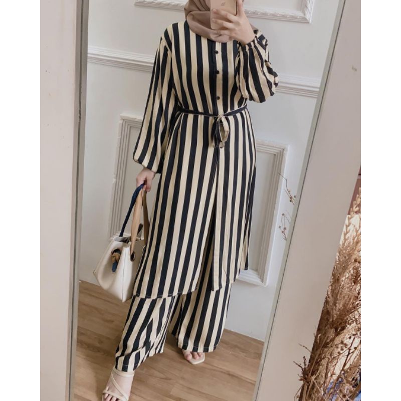 MANDA ONE SET WANITA / SETELAN RAYON DAILY ONE SET BAJU SETELAN PAJIMAS WANITA KEKINIAN-STRIPE LONG BLACK