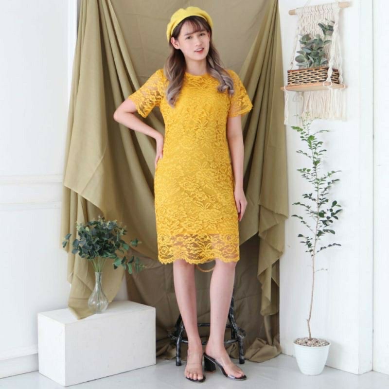 BISA COD - LULU ASMIRANDA DRESS PESTA BRUKAT/ DRESS NATAL  / MINI DRESS BRUKAT LILI SIMPLE ELEGANT / SIZE LD100 ( REAL PIC )