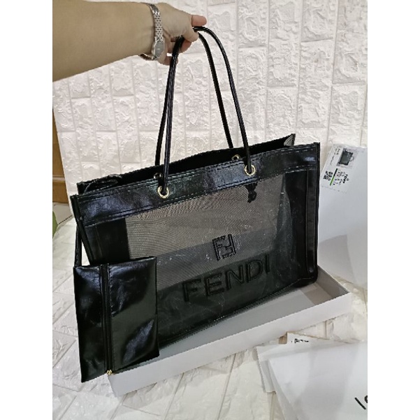 tas fashion tote Fendi jala,Fendi Tote transparan set pouch free box,totebag FF