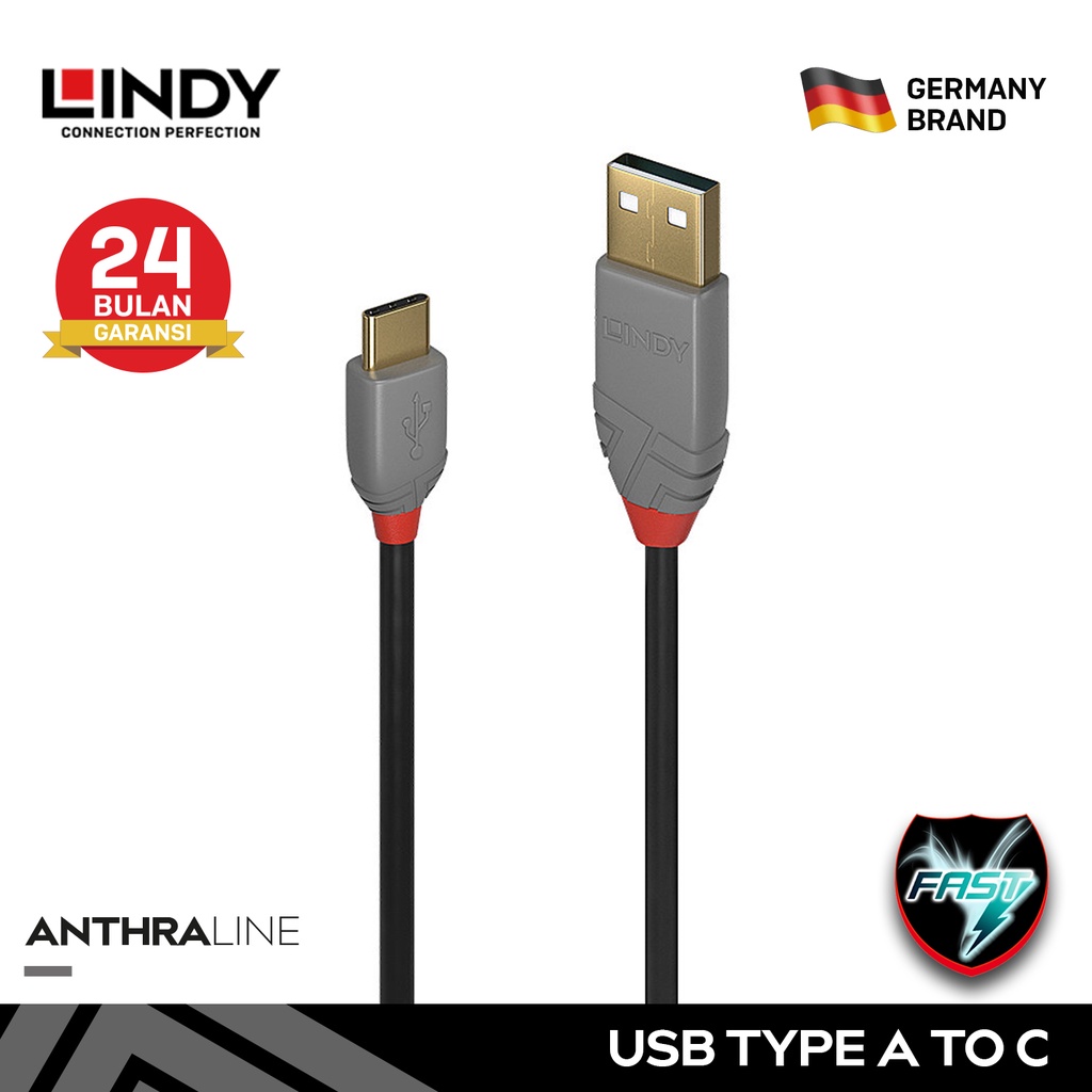 LINDY Kabel Data 1M Kabel Charger Type C USB 2 Type A to C Fast Charging Cable 36886