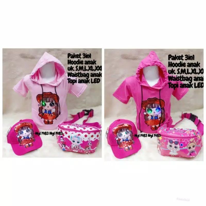 [BISA COD] PAKET 3IN1 Kaos Hoodie Anak perempuan LED LOL / BONUS TOPI LED &amp; TAS Waistbag
