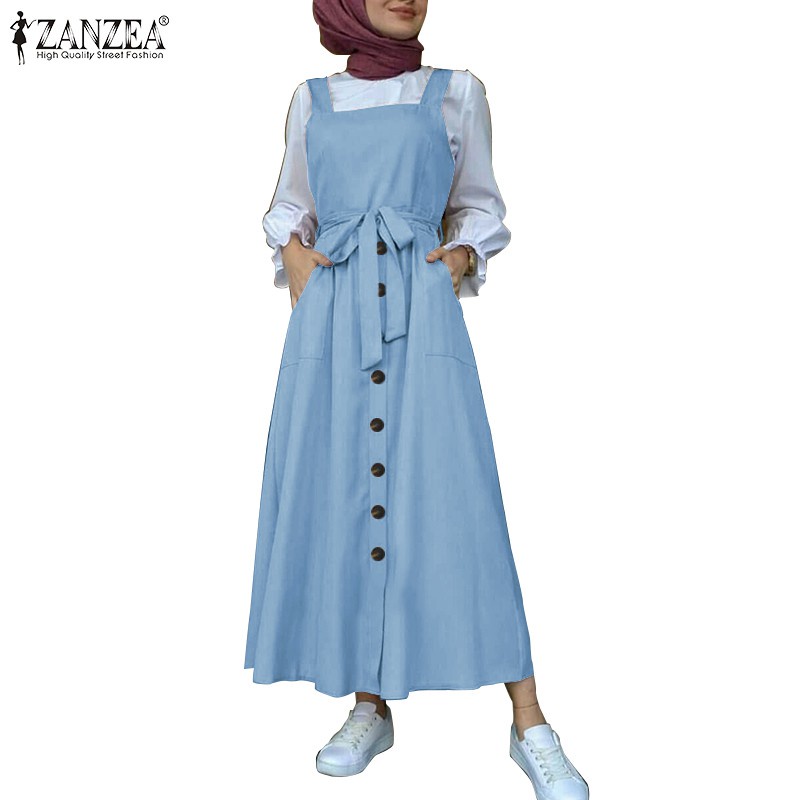 ZANZEA Women Casual Square Neck Buttons Sleevless Muslim Long Dress