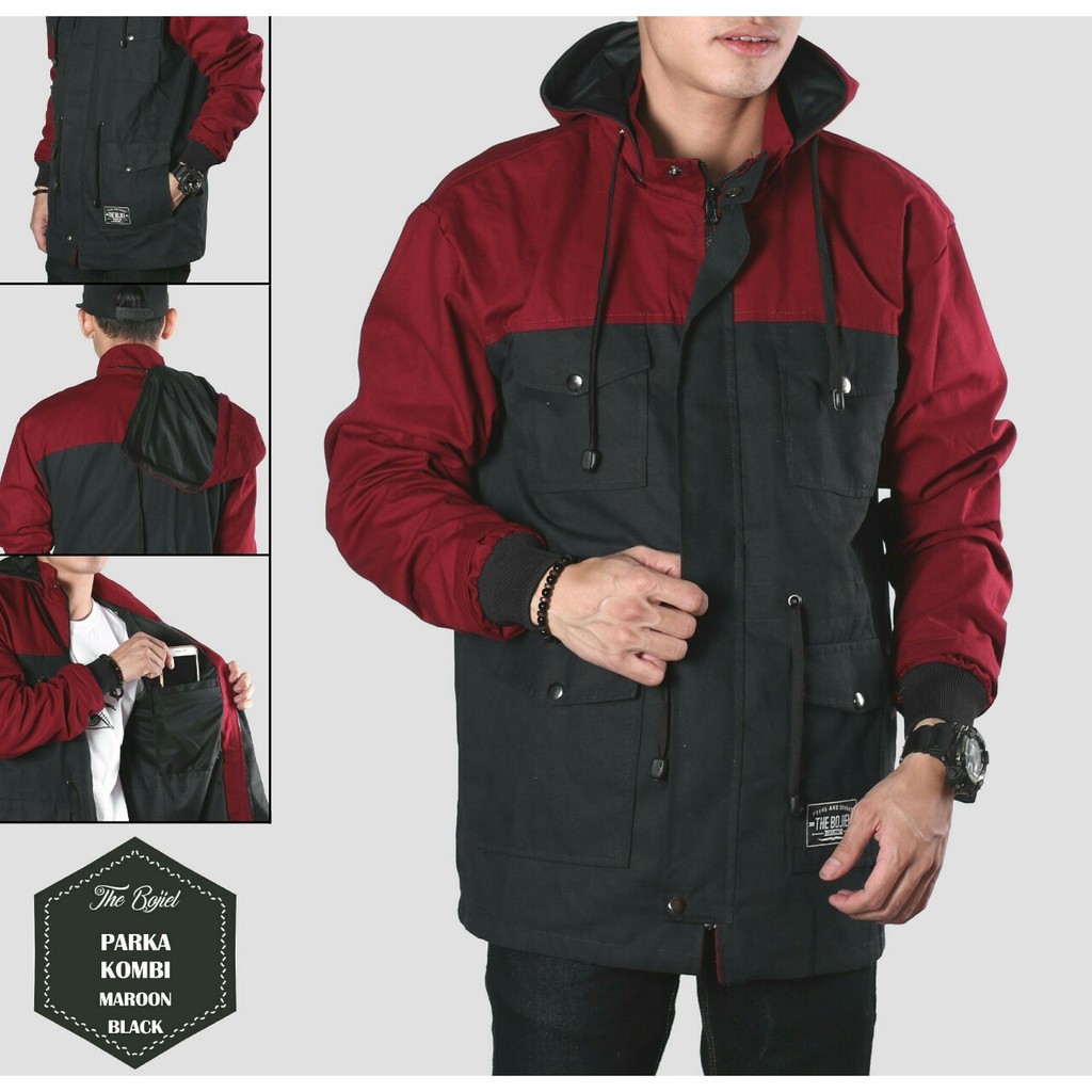 JAKET PARKA PRIA REGLAN HITAM MAROON