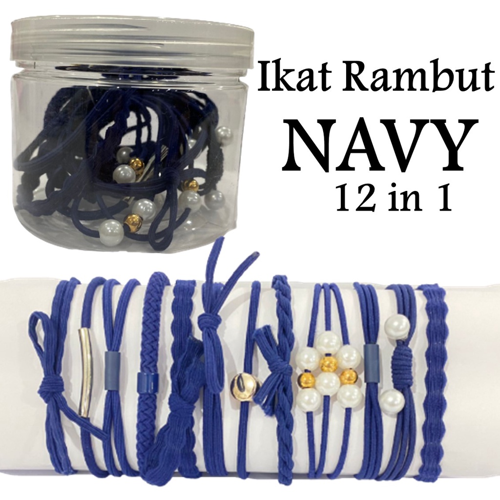 HC Ikat Rambut Simple Bahan Karet Gaya Korea untuk Wanita kemasan tabung isi 12pcs Impor-NAVY