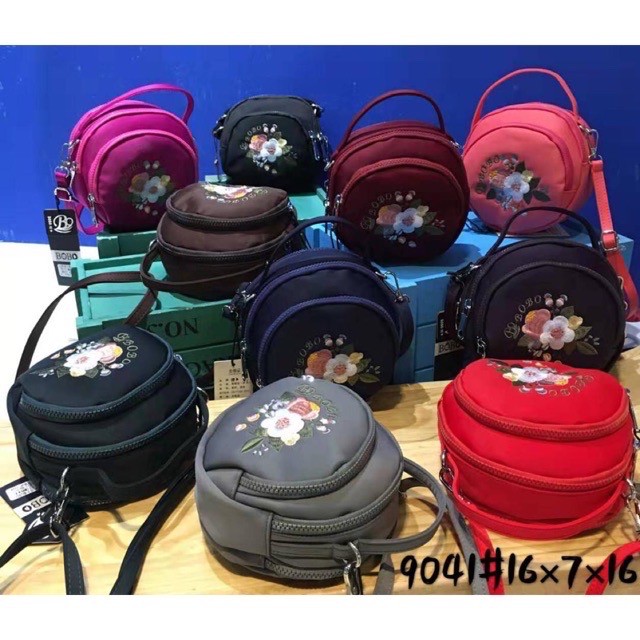 Tas Wanita Import Jinjing dan Selempang BOBO Mini BB9041 9041 Bordir Bunga Bahan Parasut Kualitas Su