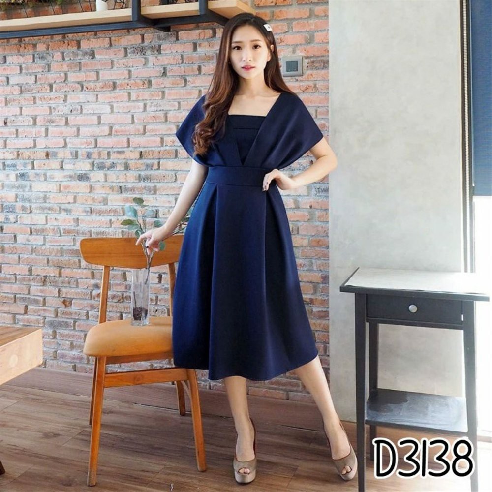 DRESS PESTA PARTY WANITA SCUBA LENGAN PENDEK POLOS D3138
