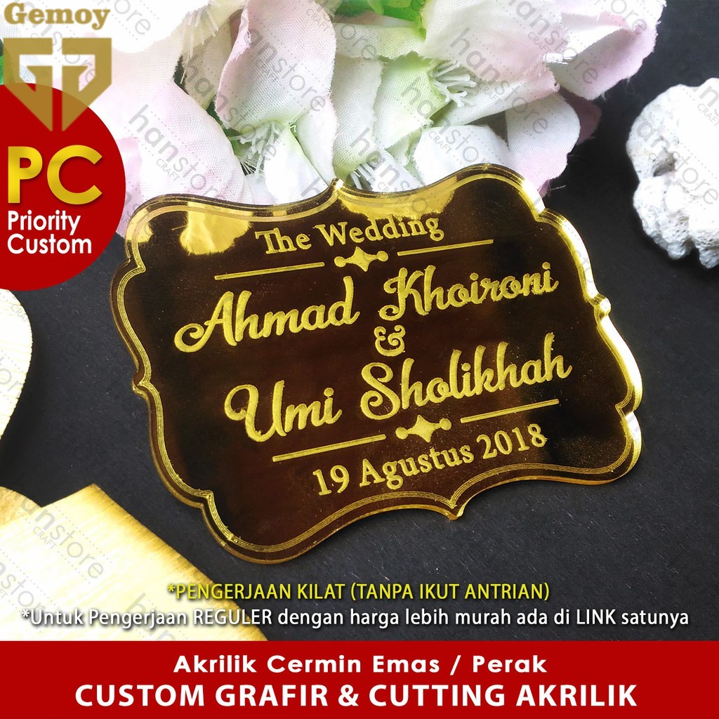 PC EXPRESS PO Nama Tanggal Nominal Text CUSTOM GRAFIR Cutting Akrilik Cermin Emas / Perak Mahar