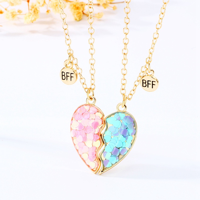 Set Kalung Rantai Liontin Hati Sequin Batu Magnet BFF Good Friend Untuk Anak Perempuan