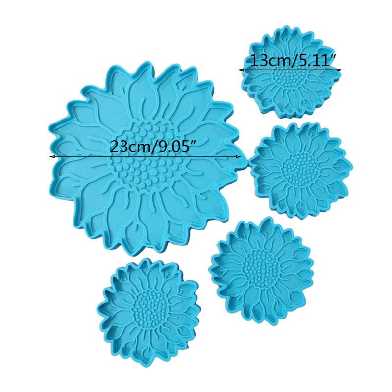 Glitter 5 Pcs Sun Flower Tray Epoxy Resin Mold Serving Plate Casting Silicone Mould DIY Crafts Cup Mat Making Tool