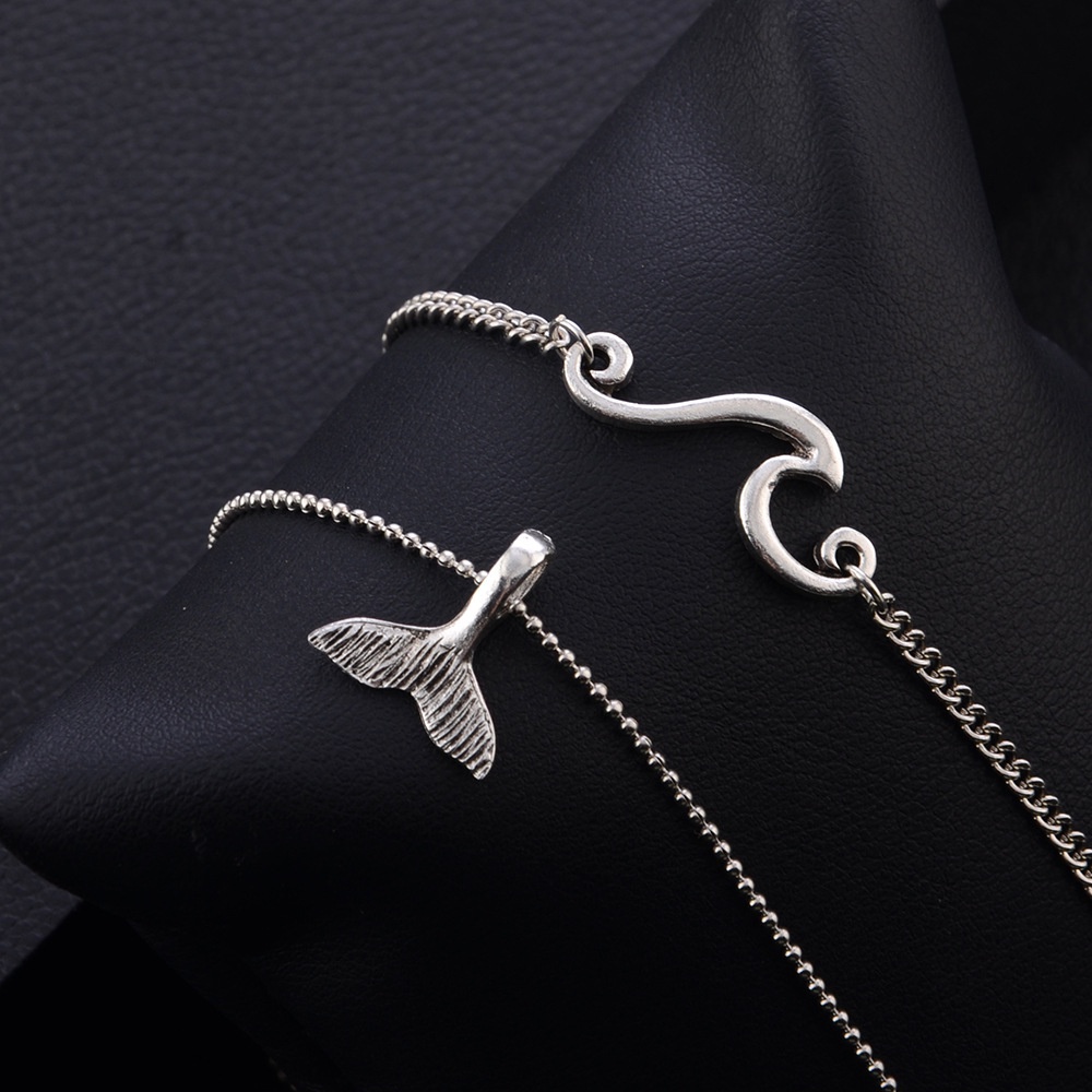 2pcs / Set Gelang Kaki Wanita Desain Gelombang Laut Whale Tail Warna Silver Gaya Bohemian Untuk Pantai