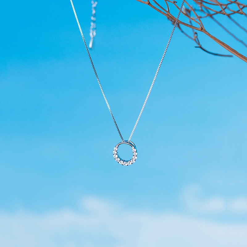 Kalung Rantai Pendek Liontin Kristal Zircon Bentuk Bulat Warna Silver Gaya Korea Untuk Wanita