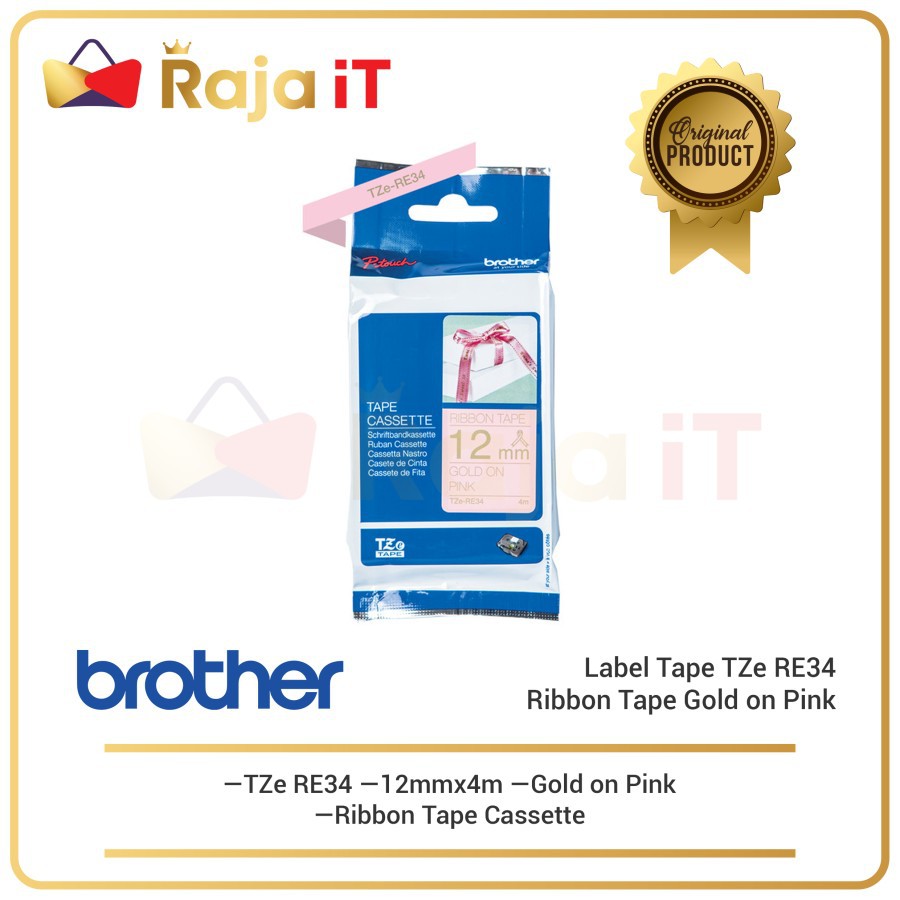 

BROTHER Label Tape Tze RE34 Ribbon Tape Cassette Gold on Pink 12mmx4m