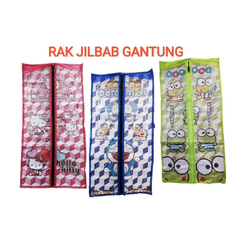 Rak Jilbab Gantung Resleting tanpa saku depan Organizer Serbaguna Motif Karakter UK 29X45