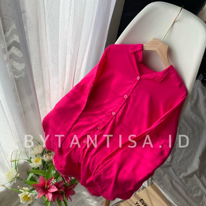 KEMEJA BASIC KONINA BAHAN RAYON | KEMEJA BLOUSE WANITA BAHAN ADEM FULL KANCING-Fuschia Konina