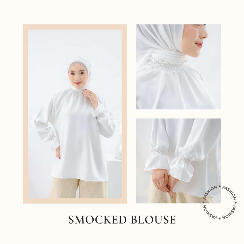 BAJU ATASAN WANITA PUTIH TOP SMOCKED BLOUSE KEMEJA INNER OVERALL DRESS MUSLIMAH