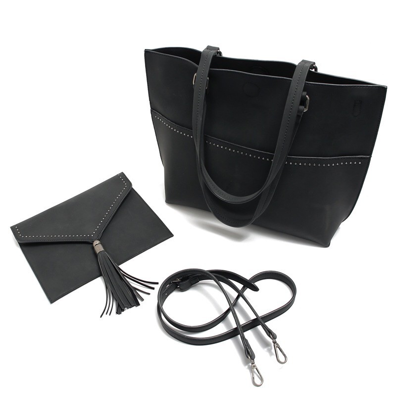 Mores Tas Kerja Tote Bag Wanita PU Kulit Suede Sintetis &amp; Envelope ClutchNoelle Office Woman Totebag 2 in 1 Polos Hitam