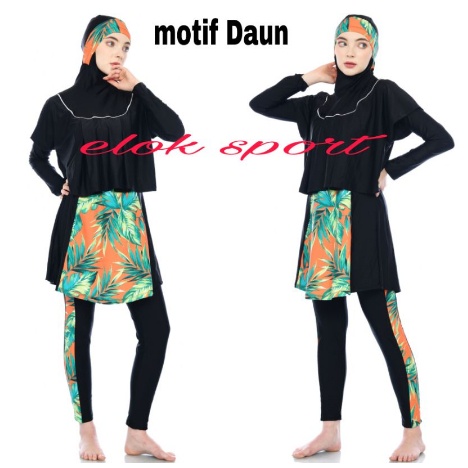 BARU Setelan Baju Renang Wanita Muslimah Lengan Panjang Hijab Celana Rok Berenang Syari Muslim Jumbo-RMD Daun