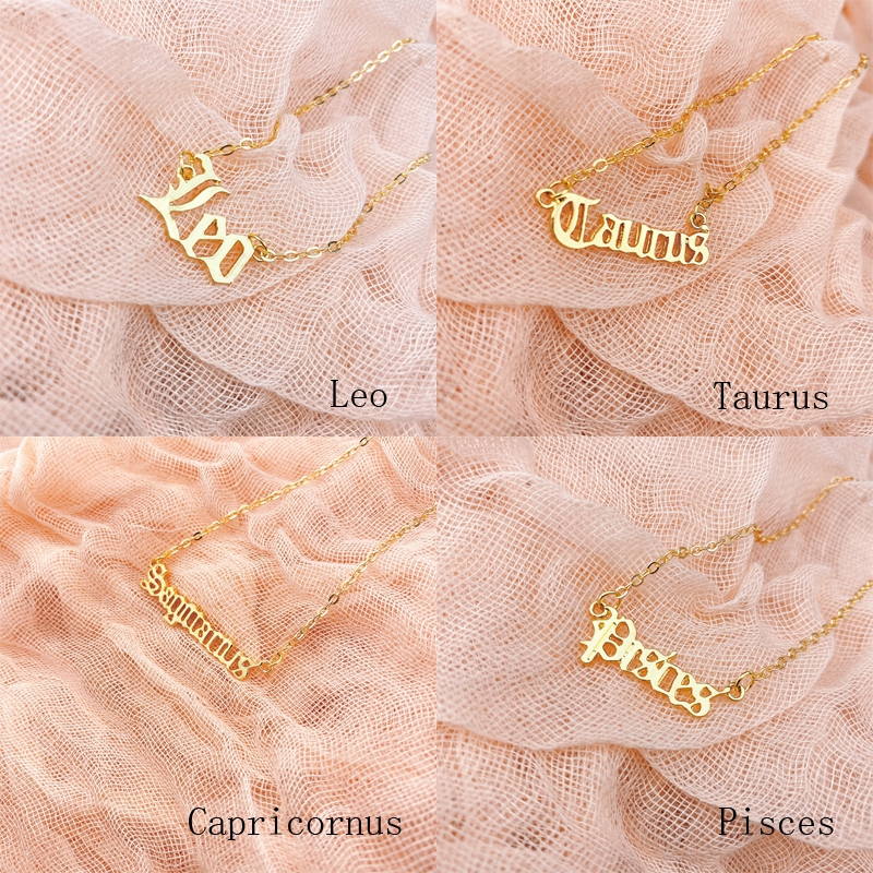 We Flower Kalung Liontin 12 Huruf Zodiak Warna Emas Gaya Vintage Untuk Pria Dan Wanita