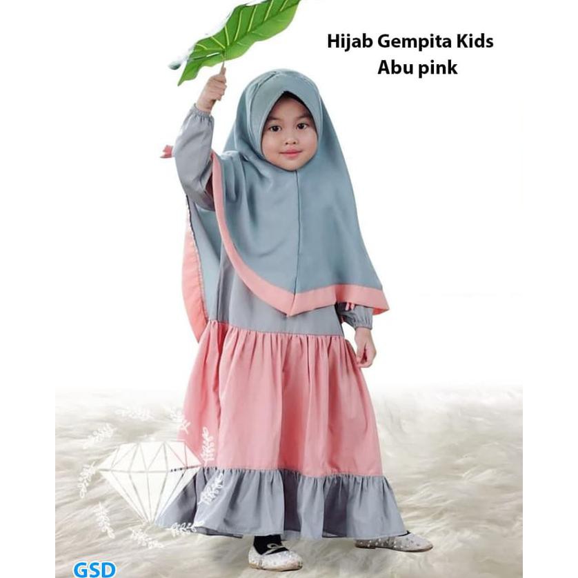 Hijab Gempita Abu Pink/Baju Maxi Hijab Anak/Baju Gamis Syari Muslim