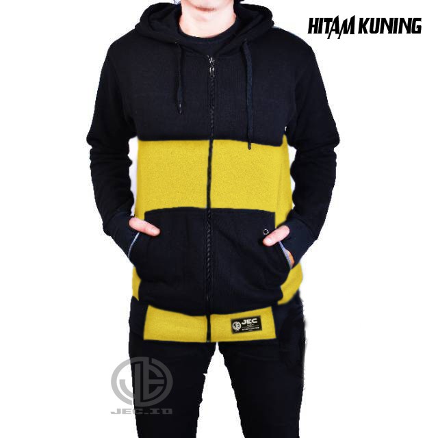 JEC Jaket Hoodie Zipper Combi Hitam Kuning Full Premium | Sweater | Switer | Unisex | Fleece |Distro