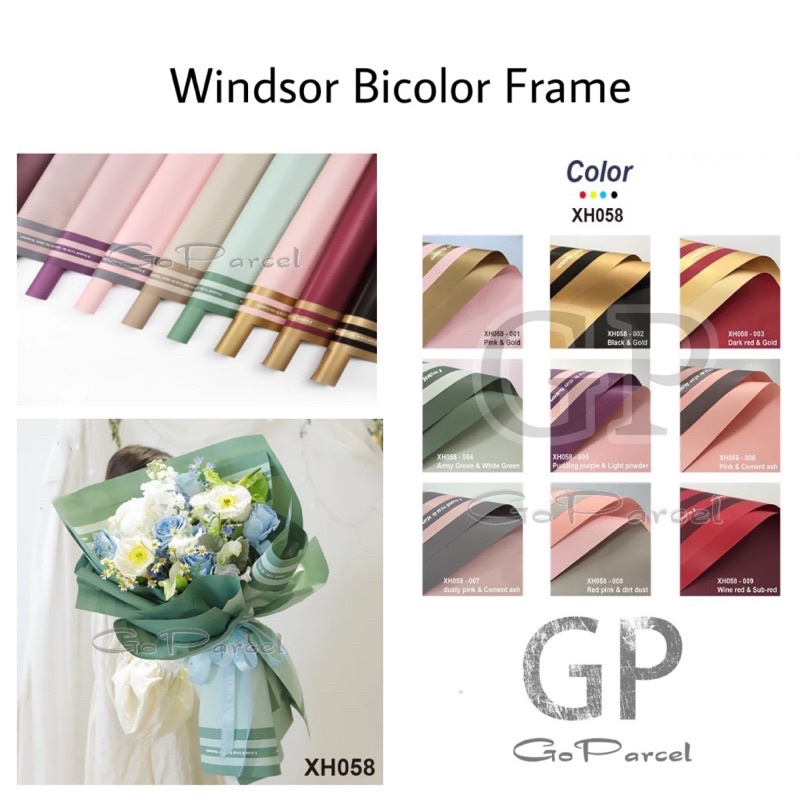 ( 5 Lembar ) WINDSOR BICOLOR FRAME - FLOWER WRAPPING PAPER KERTAS BUNGA / KOREAN CELLOPHANE / FLORIST / CLASSIC GOLD FRAME DOUBLE COLOR