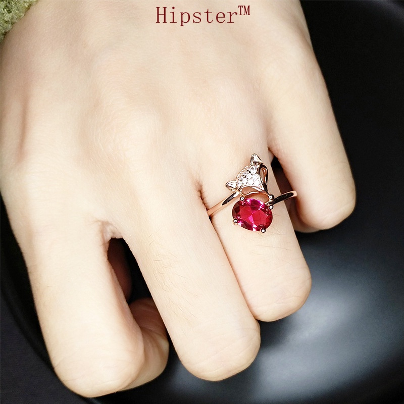 Fashion Trend Luxury Temperament Fox Inlaid Red Crystal Adjustable Ring