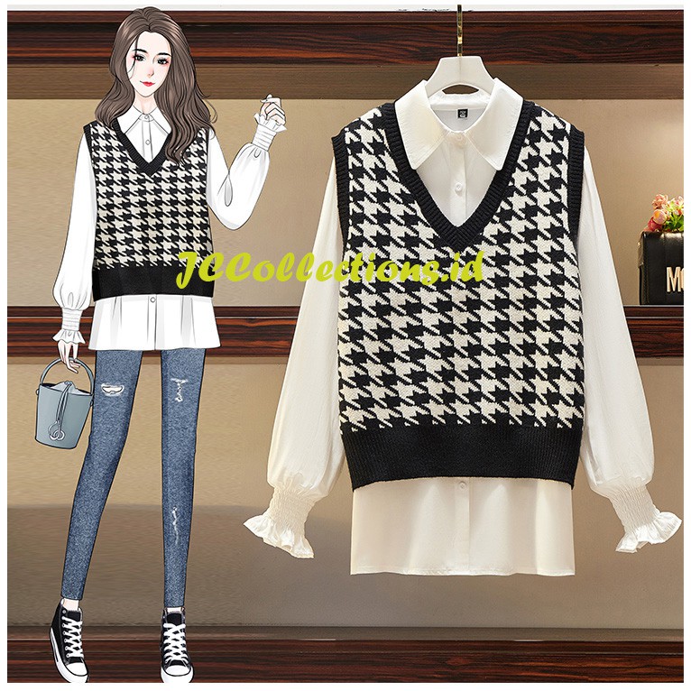 Vneck Rompi Rajut Crop / Vest Rajut Wanita Oversize Houndstooth Knitted Vest Sweater Hanny JCCollections