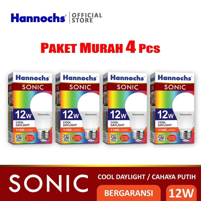 HANNOCHS - LAMPU LED SONIC - 12 WATT - CAHAYA PUTIH (PAKET 4 PCS)