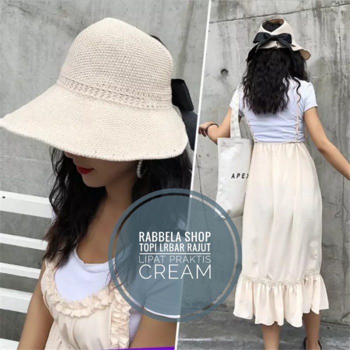 Topi Lebar Anti Uv Topi Rajut Wanita Import Cream