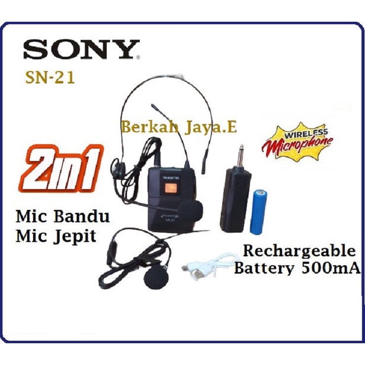 TERBARU Sony Mik/Microphone Wireless SN 21 Mic Bandol + Clip On Wireles MULTIFUNGSI MANTAP