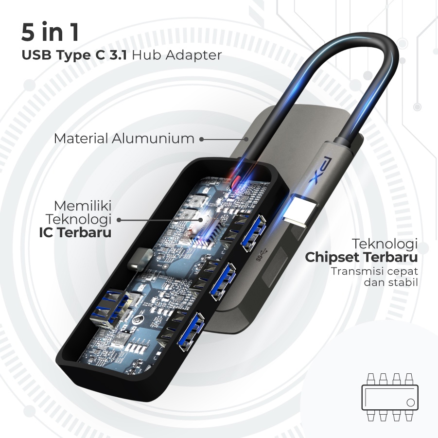 Hub Converter USB Type C 3.1 Macbook Laptop to USB 5 in 1 PX UCH50