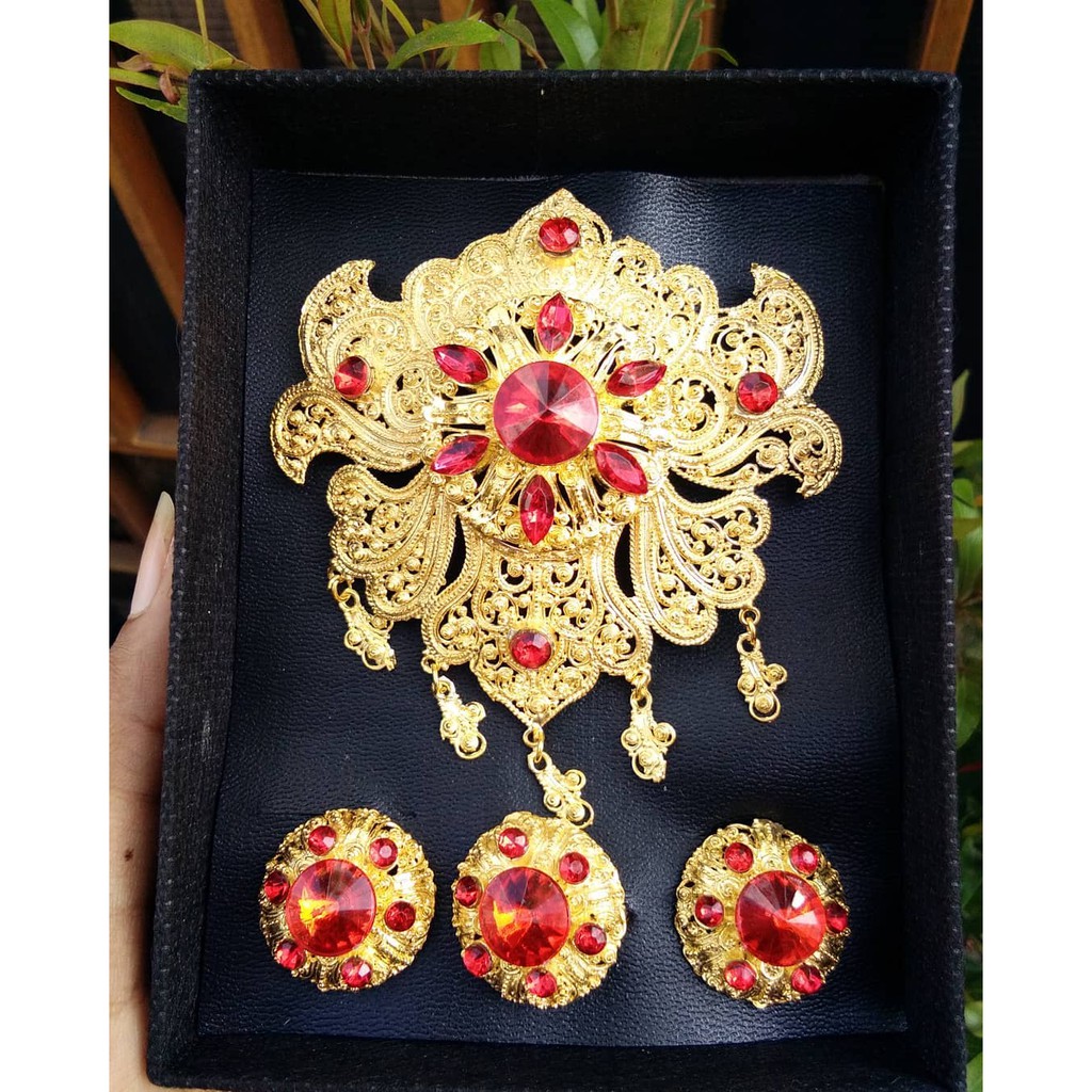 Bros Alpaka Bali Set Perhiasan Bros Cincin dan Anting