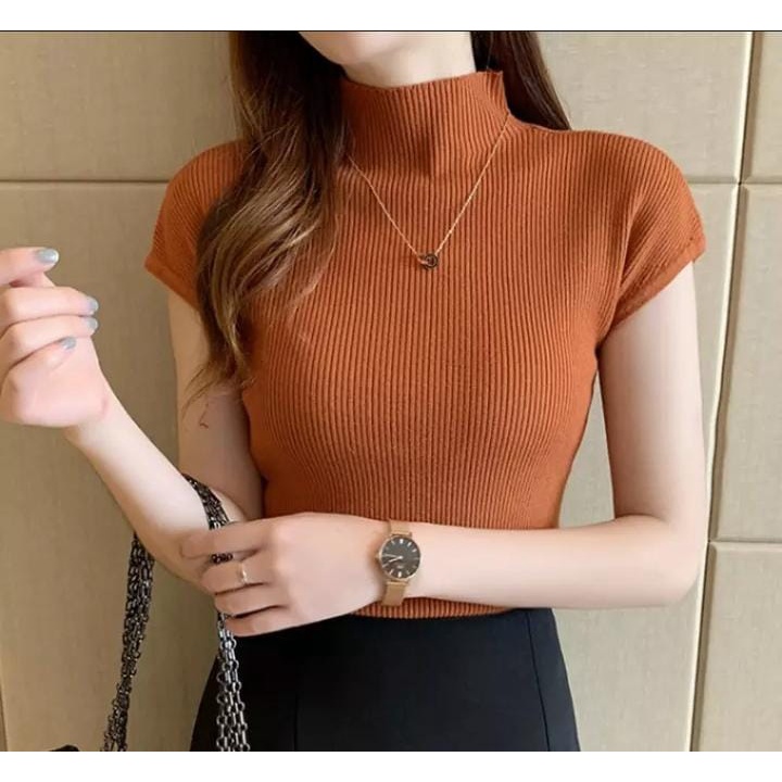 PRETTY Rajut Wanita TURTLENECK Lengan Pendek