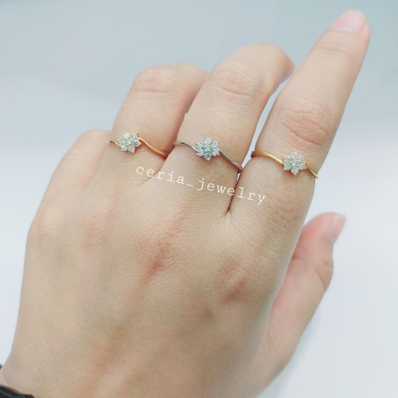 Cincin Perak Wanita Asli Silver 925 Lapis Emas Putih Model Bunga Pertama Kilau - Cincin Anti Karat