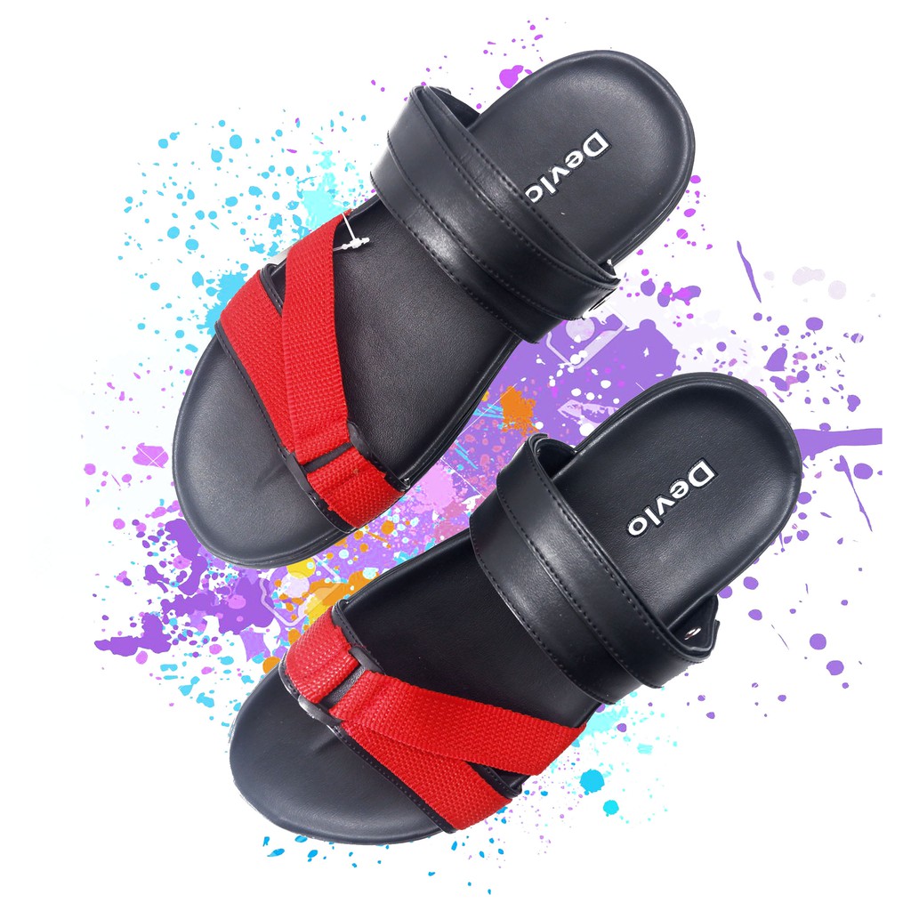 Sendal Pria Slide Urban Bahan Kulit Santai Nyaman Jalan NgemalL HangOut Kekinian (Devlo Webing)-Strip Merah