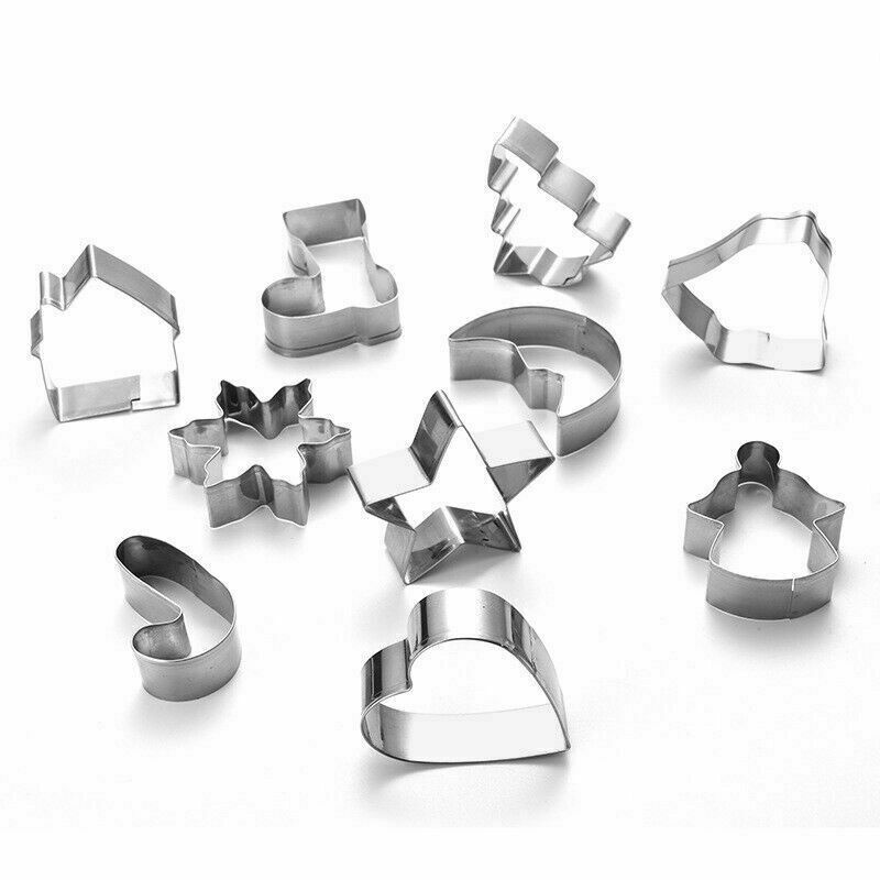 10pcs Cetakan Kue / Biskuit Bentuk Pohon Natal / Bulan / Bintang 3D Bahan stainless steel