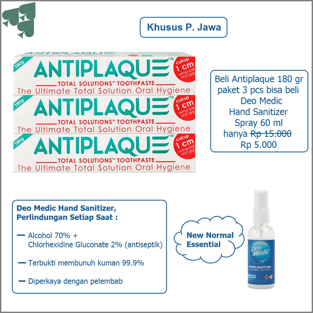 

Pasta Gigi Antiplaque 180gr paket 3pcs + Hand Sanitizer Deo Medic 60 ml Spray