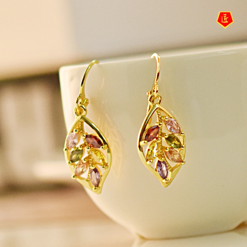 [Ready Stock]New 18K Gold Leaf Inlaid Colored Gemstone Earrings