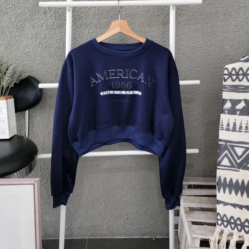 Sweater Semi Crop Wanita American Croope Bahan Pleece Ala korean Style