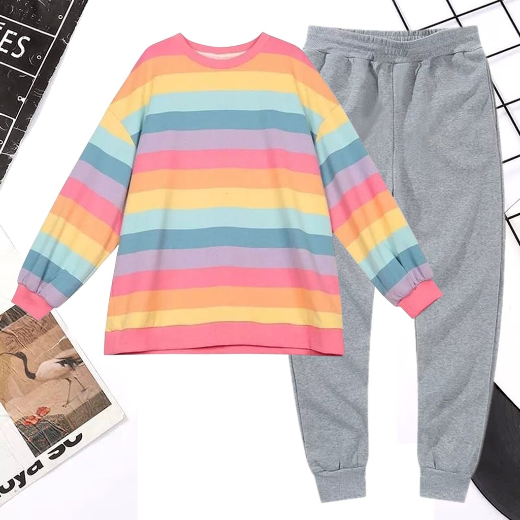 BESS - Baju Setelan Wanita Murah / Setelan Sweater + Celana Jogger - RAINBOW PINK3