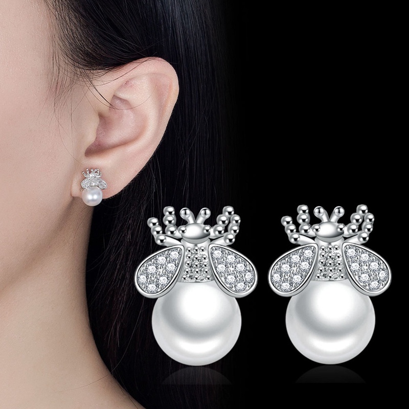 Anting Stud Desain Hewan Lebah Aksen Mutiara Kristal Kubik Zirkonia Untuk Wanita
