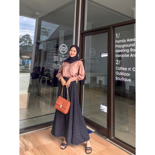 (bisa cod) ROK POLKA | LONG SKIRT MOTIF POLKA  COLOUR BLACK MODEL PAYUNG PINGGANG FULL KARET PREMIUM-6