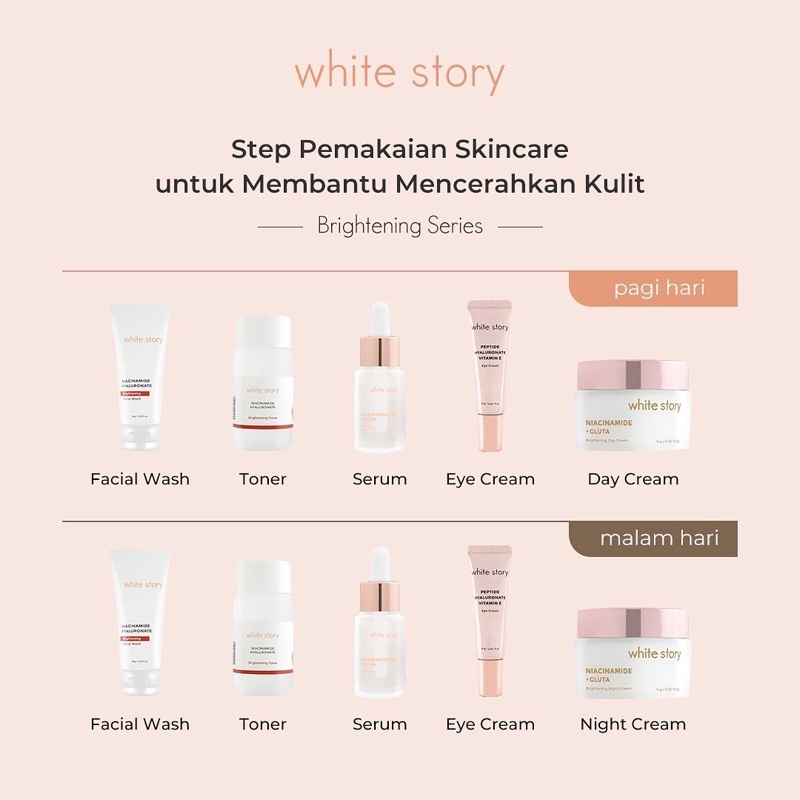 WHITE STORY Paket Wajah Indonesia / Brightening Acne Hydrating Advanced Soothing Exfoliating Peeling / Facial Wash Toner Essence Serum Day Night Underarm Eye Cream Gel Clay Mask Masker Cleanser Cleansing Moisturizer Body Scrub Soap Face Care Oil / Lengkap