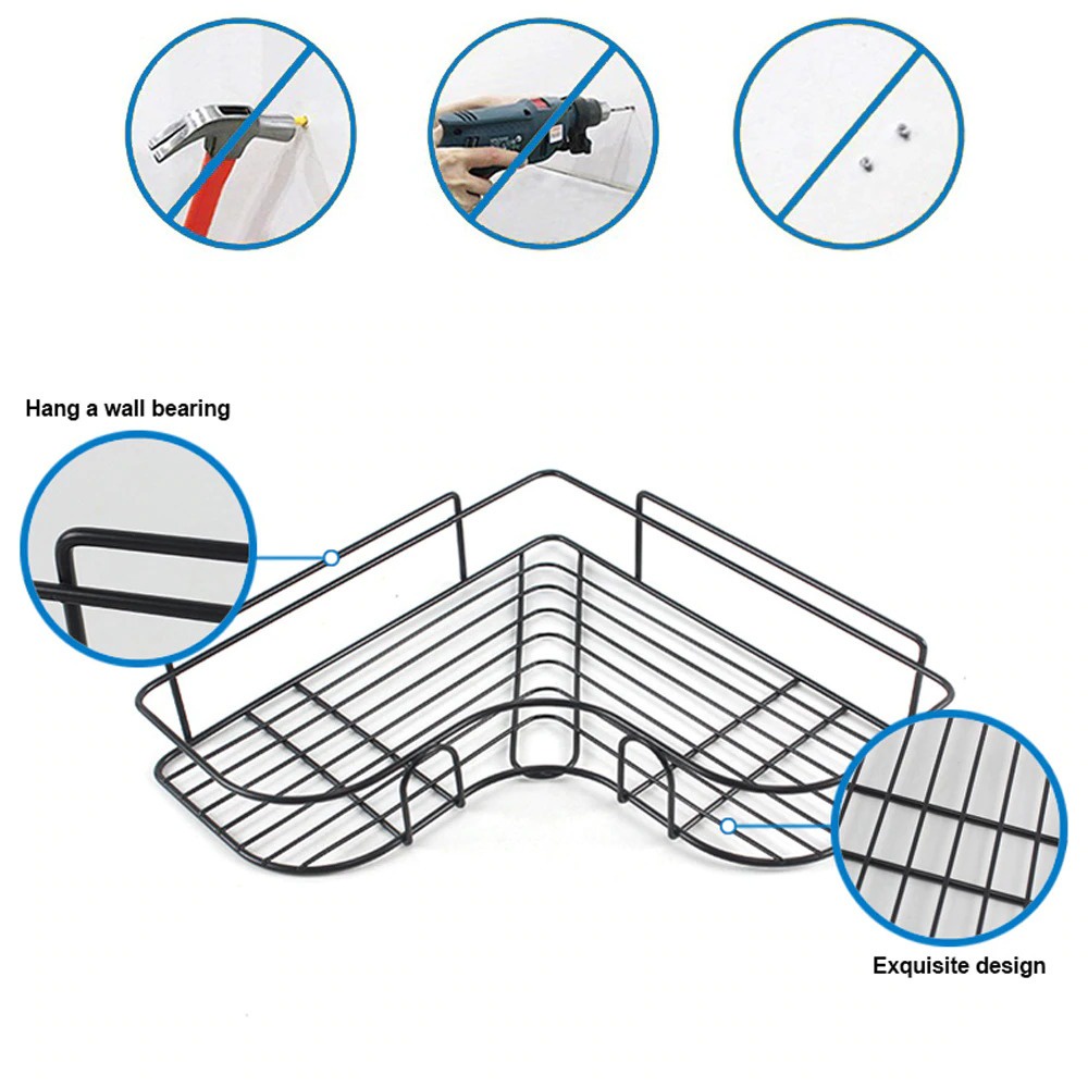 RB-L Rak Sudut Ujung Kamar Mandi Wadah Shampo Sabun Stainless Steel Perekat Tebal Kuat Triangular Bathroom Organizer Rack - Black White Hitam Putih