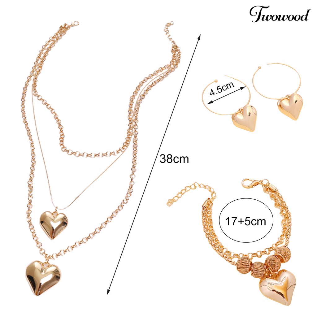 Twowood Necklace Heart Pendant Link Chain Women Multi-layer Necklace Electroplating Hook Earrings Bracelet for Party