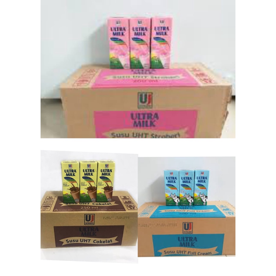 Ultra Susu UHT 200ml Variant Full Cream, Coklat, Strawberry ( 24pcs x 200 ml )