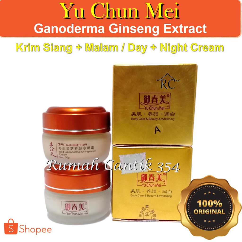 Yu Chun Mei Gold Ginseng Ganoderma Day Night Cream / Krim Siang Malam Cordyceps Rumah Cantik 354 YuChunMei Emas Gold Ginseng Ganoderma Herbal Cream Wajah Cordy