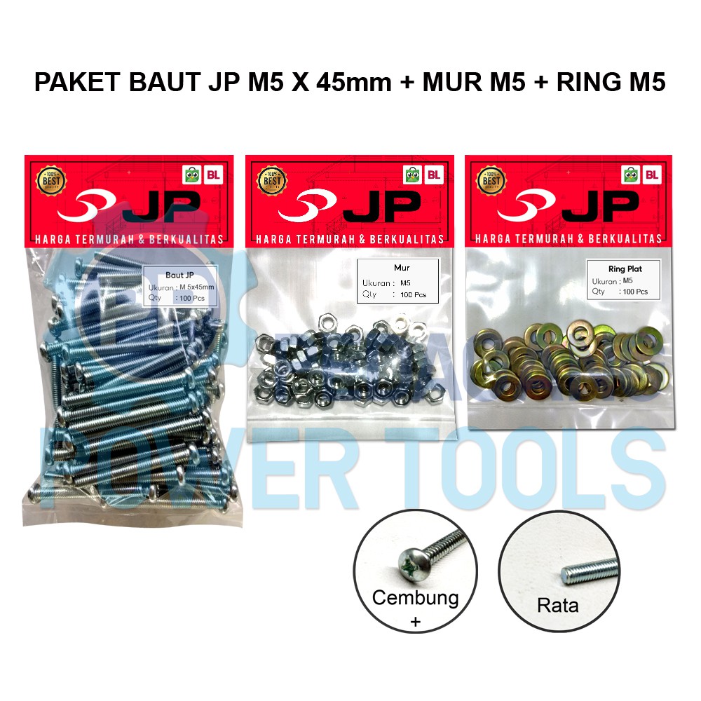 PAKET 3 SET JP M 5x45 BAUT MUR RING PLAT M 5 x 45 MUR M5 ISI 100 PCS