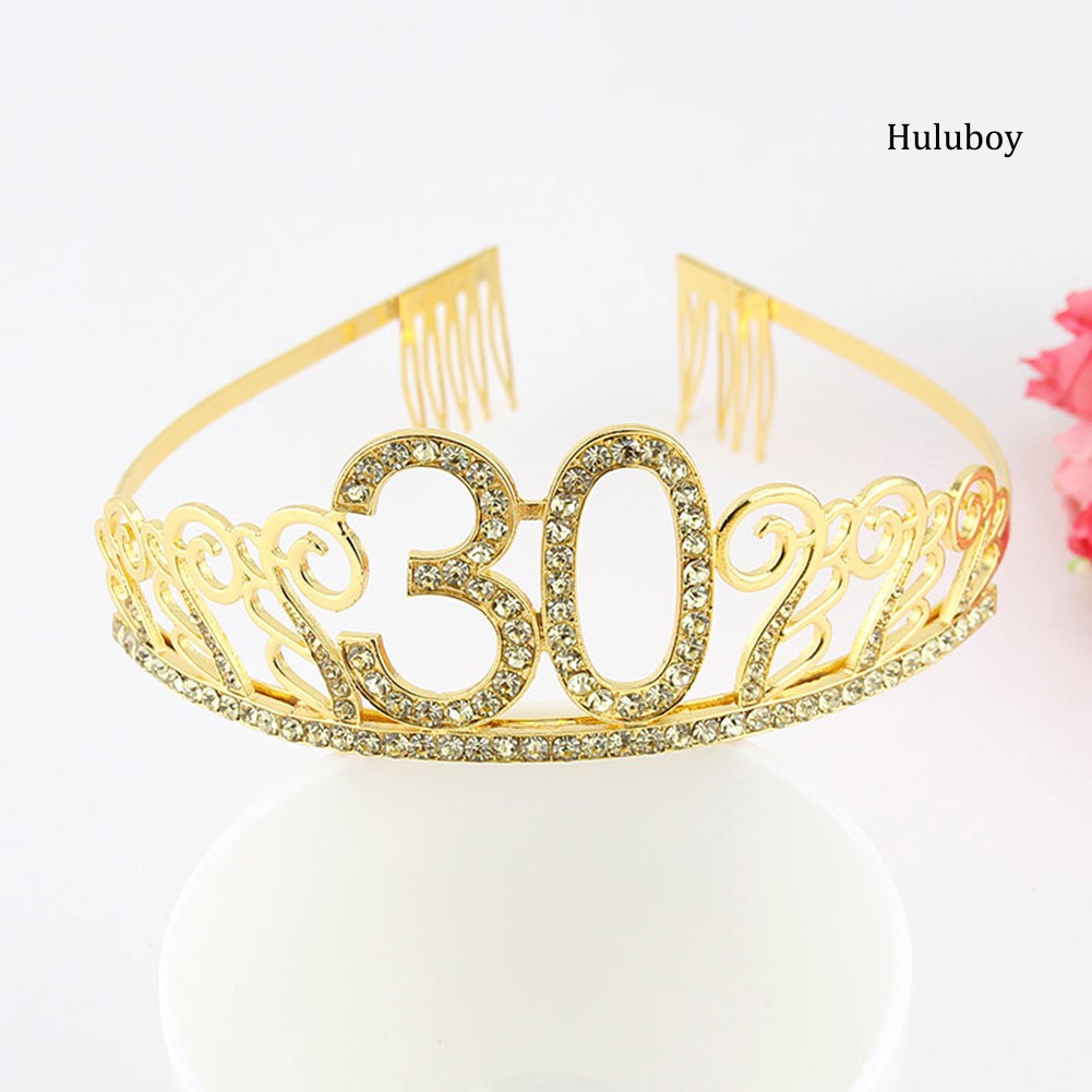 HLB~10/18/21/30/40/50 Birthday Party Tiara Rhinestone Headband Hair Loop Crown Decor